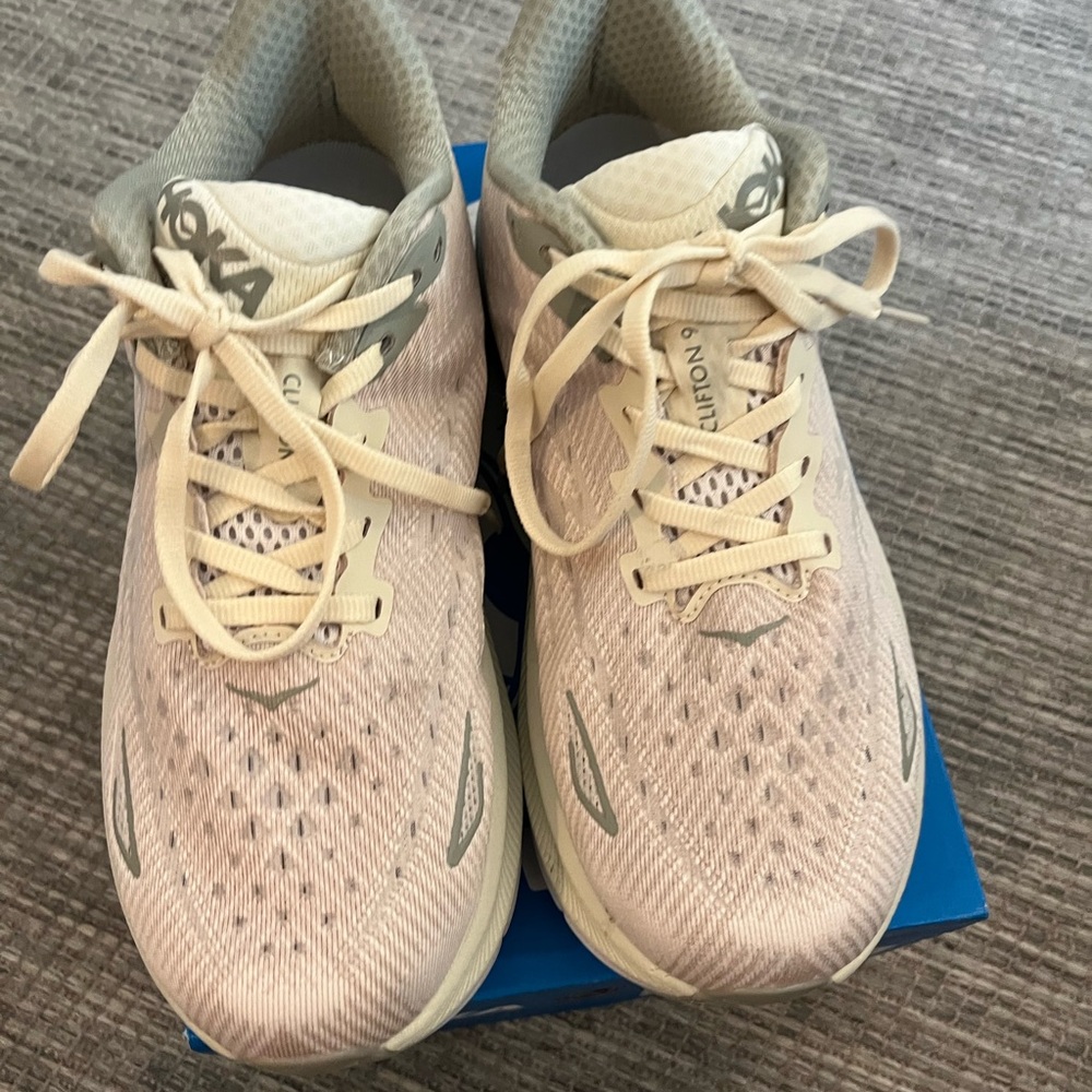 Hoka Cream and Gray Athletic Shoes with Maximum Cushioning